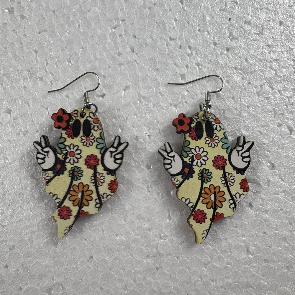 Flower Power Ghost Earrings Peace Sign‎ Wooden Dangle Boho Retro 70s Halloween